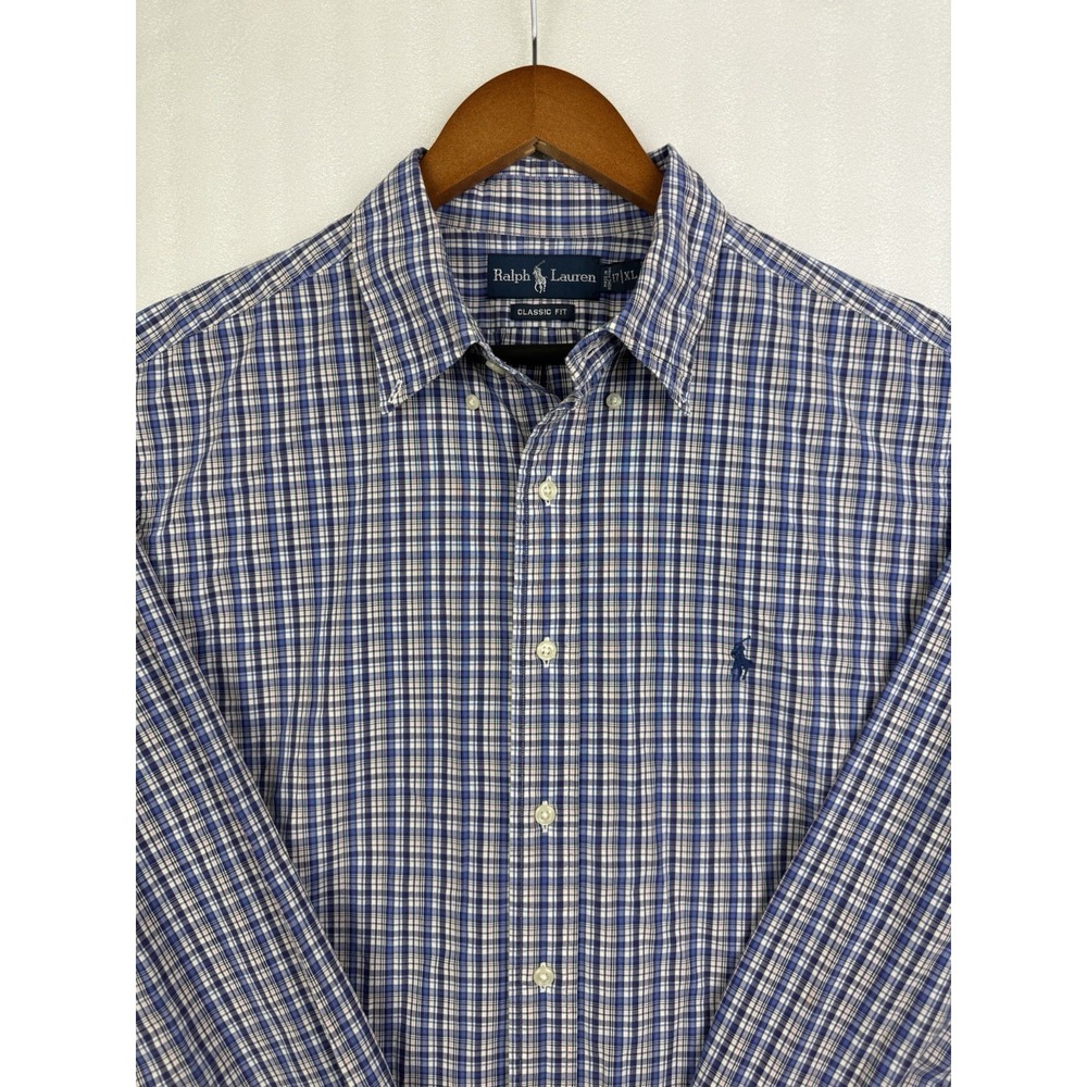 Polo Ralph Lauren Shirt Men 17 XL Classic Fit Blue Plaid Long Sleeve Button Down